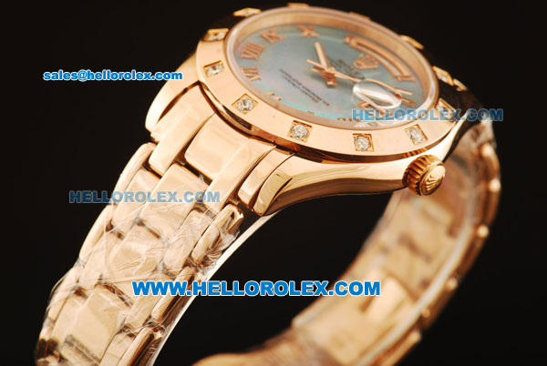 Rolex Day-Date Swiss ETA 2836 Automatic Rose Gold Case with Diamond Bezel and Blue MOP Dial -Rose Gold Strap - Click Image to Close